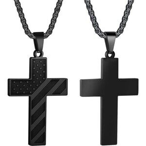 BLACK American Flag Cross Necklace Men Stainless Steel Box Chain 22+2 inch NWT